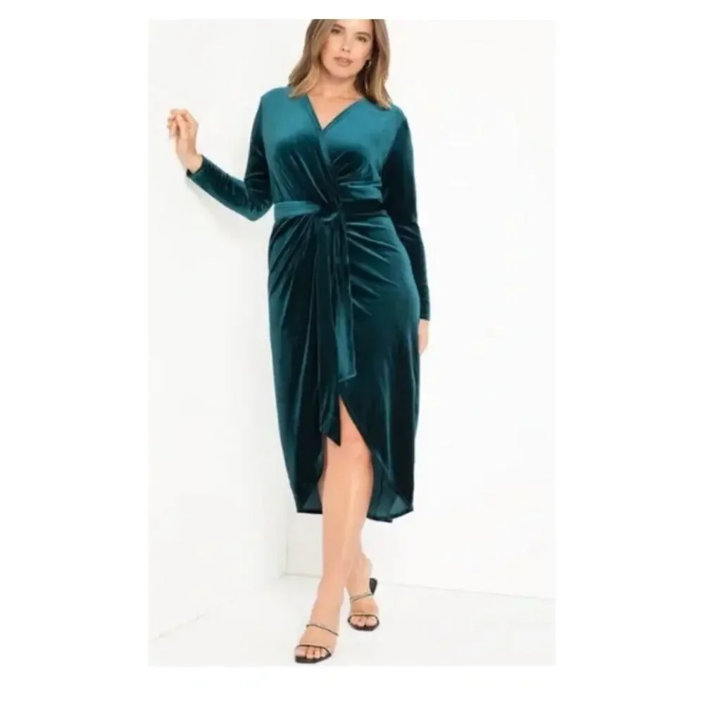 NWT Eloquii Velvet Cocktail Wrap Dress With Tie Hi Low Hem Emerald Green Size 20 - Picture 1 of 13
